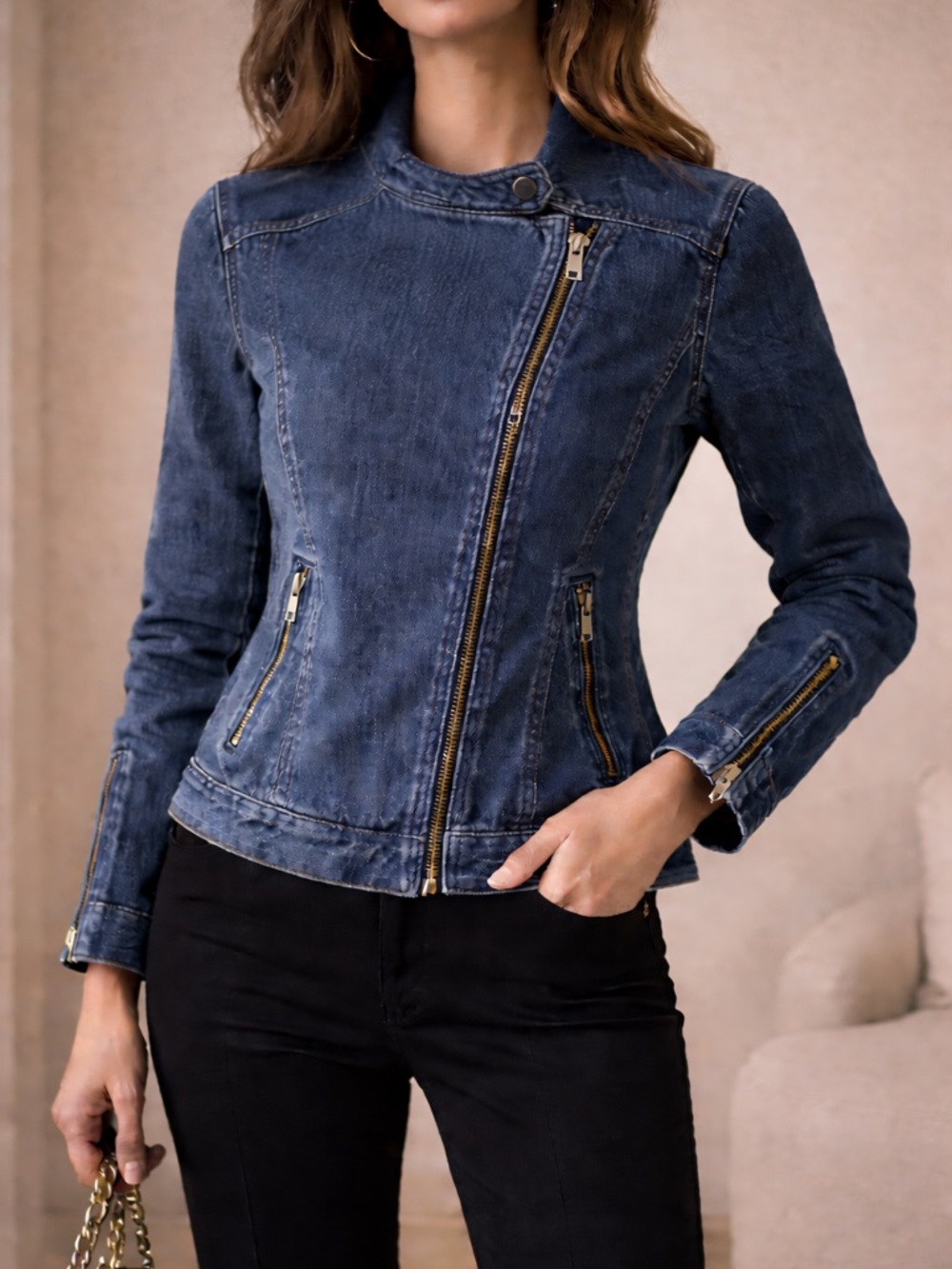 Vintage European Denim Moto Jacket Boutique Asymmetrical Zip Fitted XS Luxury
